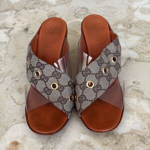 Gucci Vintage Beige/Brown GG Canvas, Leather & PVC Criss Cross Heeled Sandals